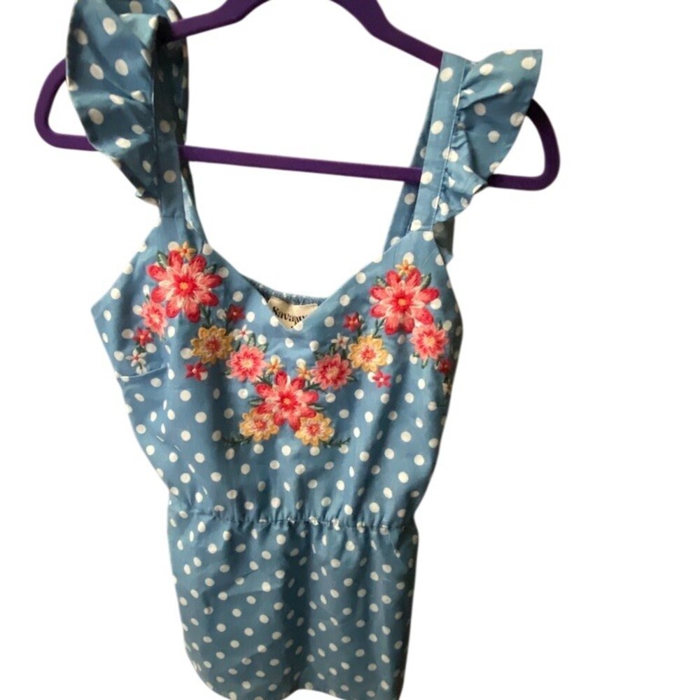 Savanna Jane Top Womens Size L Blue Polka Dot Floral Embroidered Ruffle